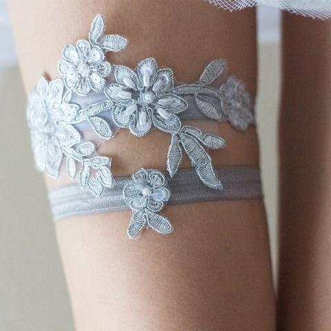Silver Keep and Toss Set Wedding Garters 2 Piece Beading Sequin on Bridal Leg