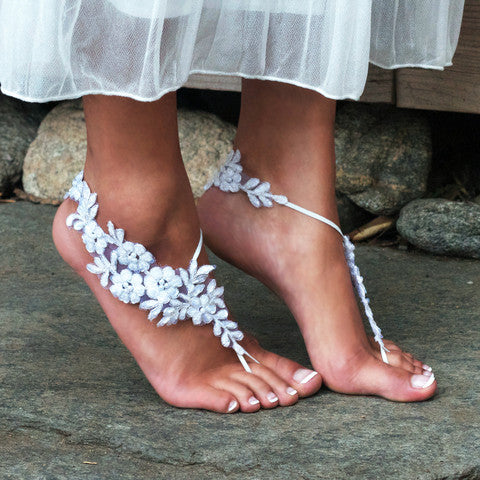 Off-White Barefoot Sandals on Bride's Bare Feet Up On Her Toes Shot From the Side