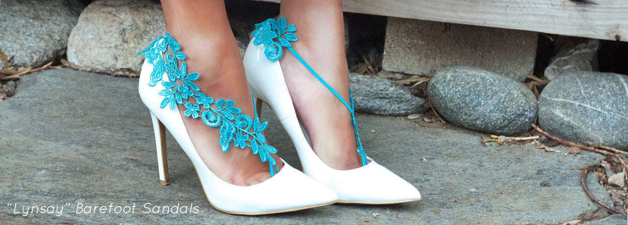 Sister Lace Lynsay Blue Barefoot Sandals with White High Heels on Stone