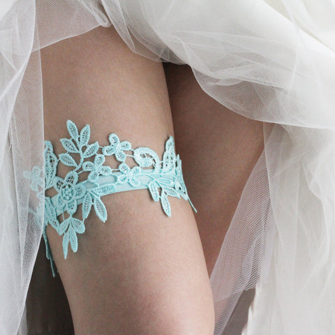 Aqua Lace Garter Lace All the Way Around On Thigh Under White Wedding Dress