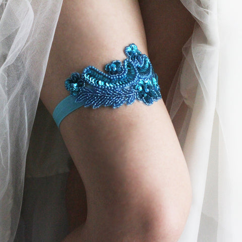 Something Blue Non-Slip Garter on Bent Knee in Wedding Dress