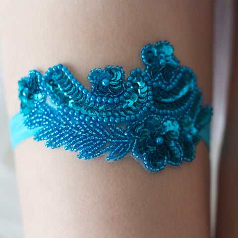 Scuba Blue Beaded Garter Something Blue for Contemporary Wedding Close Up Detail Shot