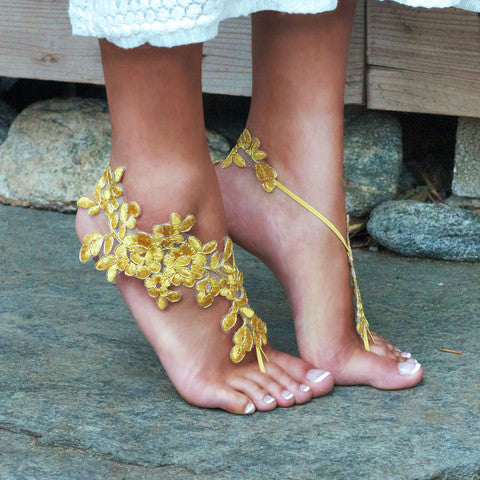 Barefooted Bride Wearing Gold Color Barefoot Sandals Made From Lace and Elastic