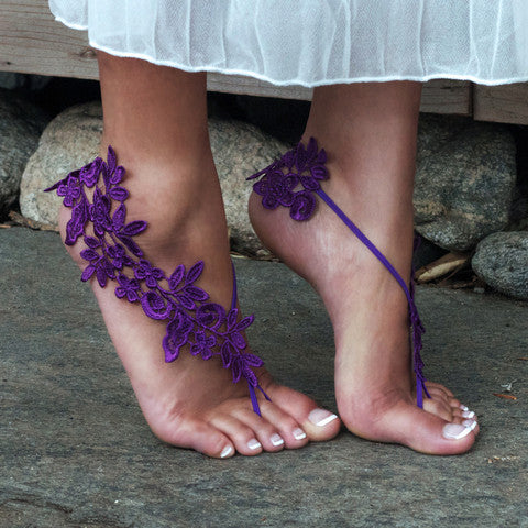 Tip-Toe Bride Wearing Purple Barefoot Lace Sandals with No Sequins or Beading